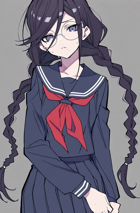 masterpiece, best quality, Kei Mochizuki, 1girl, fukawa toko, glasses, solo, long hair, braid, mole under mouth, twin braids, round eyewear, school uniform, skirt, mole, long sleeves, serafuku, black hair, sailor collar, looking at viewer, neckerchief, gre...