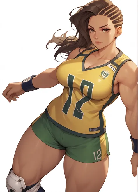 <lora:SF_Laura-PONY:0.8> 1girl, solo, white background, assymetrical hair, dark skin, brown eyes, makeup, muscular, large breasts, thick thighs, sptlaura, sleeveless, no. 12 jersey, soccer uniform, yellow shirt, green shorts, black wristbands, knee protect...