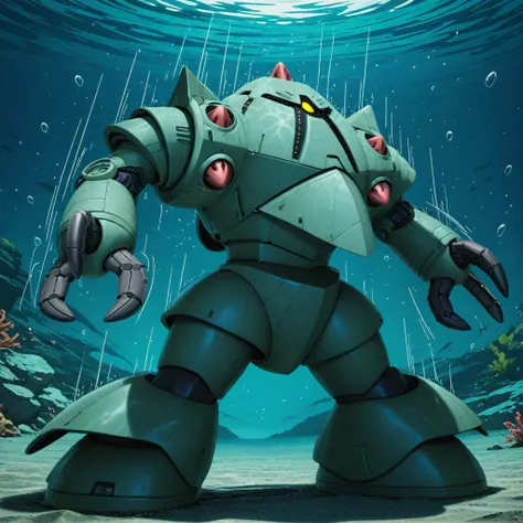 masterpiece, best quality, amazing quality, very aesthetic, absurdres, newest, scenery,
no human, 1mecha, solo, MSM-10-ZOCK, one_yellow_mono-eye,
dynamic action pose, Swimming underwater,
(motion line, sense of speed, Battle Effects:1.2),
Underwater, under...