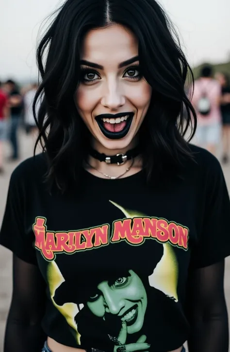 , ultra detailed, ultra realistic, ultra defined textures, cinematic, cinematic lighting, 8k, analog photo, 35mm,  in an outdoor music festival, maniac smile, pierced tongue, heavy drematic black makeup, a young beautiful tall woman wearing a Marilyn Manso...