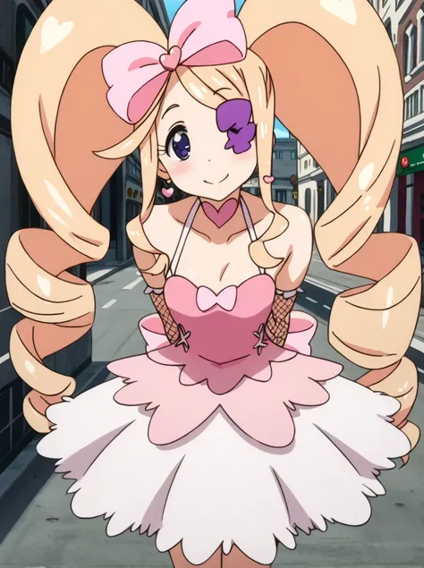 detailed background, shiny skin, posing, 
<lora:harime.pony:1>,
harime,
wedding dress, detached sleeves, gloves. frill, lace, fishnet, halterneck, 
arms behind back, bent over, 
street, buildings, 
looking at viewer, heavy blush, seductive smile