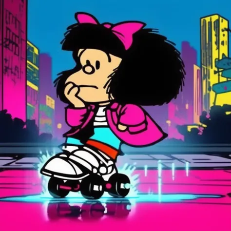 concept art  <lora:Mafalda-sdxl:1> mafaldina,Mafalda, wearing a colorful 80s-inspired outfit with a bright pink jacket, blue leg warmers, roller skates, vibrant neon cityscape background, glowing signs and reflections on wet pavement, dramatic rim lighting...