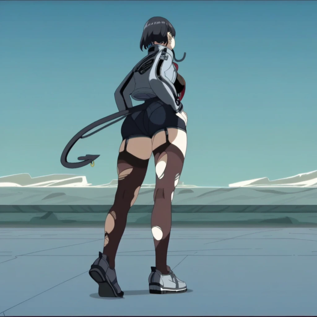 sky, black shirt, on floor, between breasts, open jacket, red necktie, torn thighhighs, tail, standing, fake screenshot, hand on hip, thighhighs, motor vehicle, earrings, ass, bubble blowing, shirt, ear piercing, breasts, grey footwear, soles, closed mouth