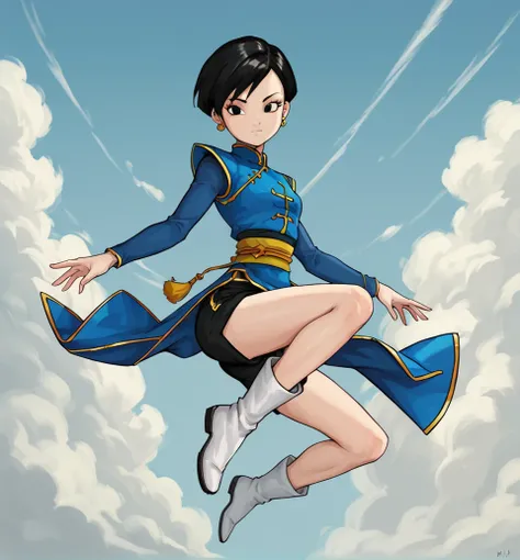 <lora:Viola_Dragon_Ball_Heroes:1> viola, short hair, earrings, black hair, black eyes,  chinese clothes, black shorts, white boots, score_9, score_8_up, score_7_up, score_6_up, score_5_up,