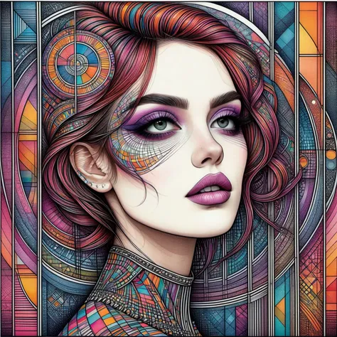 An intricately detailed portrait of a beautiful punk girl.

An artistic drawing in vivid color pencil. Bold lines. A complex geometric background, like stained glass.

<lora:LineDrawing02_CE_XL_300-OT:0.6> lndrwngCE_style
