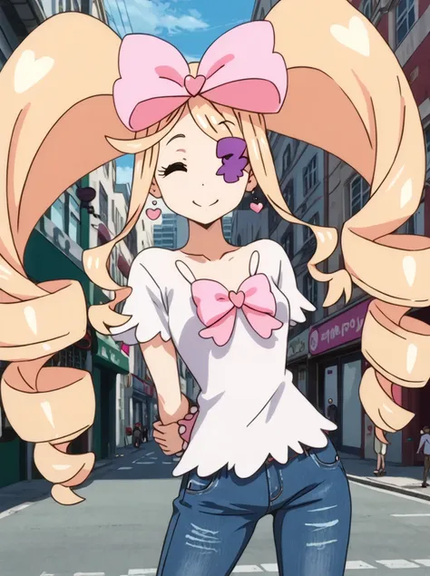 detailed background, shiny skin, posing, 
<lora:harime.pony:1>,
harime,
casual fashion, 
white shirts, jeans, 
arms behind back, 
street, buildings, 
looking at viewer, closed eyes,