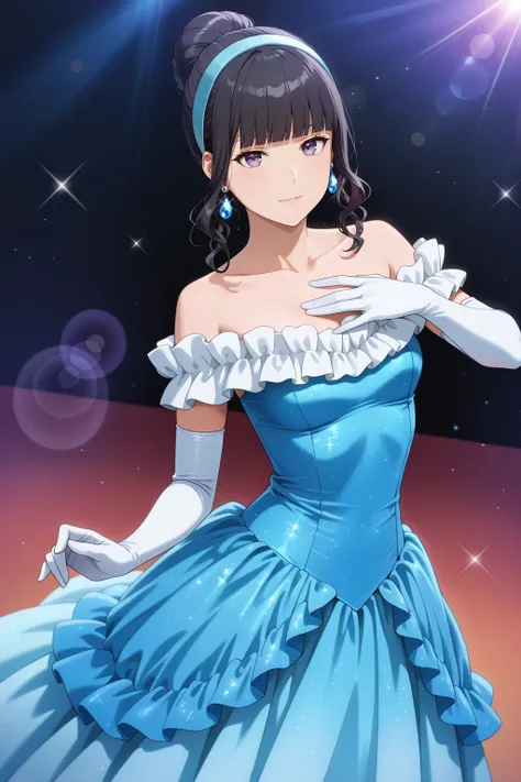 masterpiece, best quality, amazing quality, very aesthetic, absurdres, photorealistic, newest, anime coloring, 1girl, solo, gundoumisuzu, purple eyes, black hair, collarbone, blue dress, elbow gloves, earrings, white gloves, bare shoulders, hairband, singl...