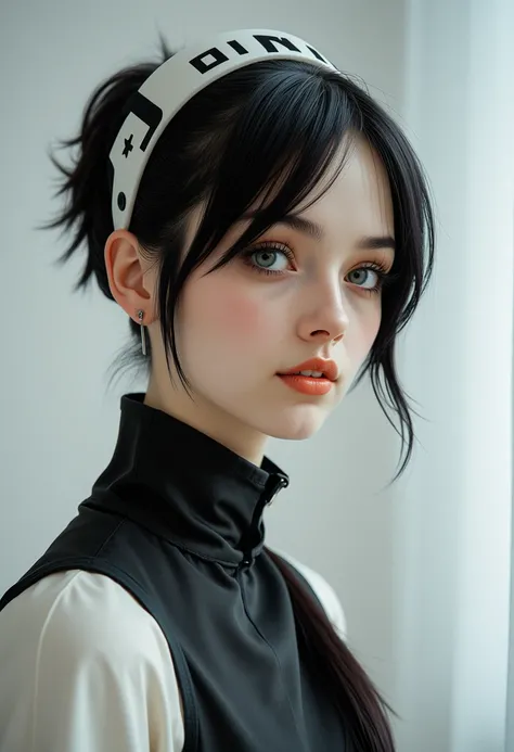 headshots, a looking at the camera, multiple angles,looking at camera, photoshoot poses; A photo of TGoth_Girl3, a girl, is shown with a black and white headband and a white headband. She is wearing a black and white dress and has a white shirt underneath....