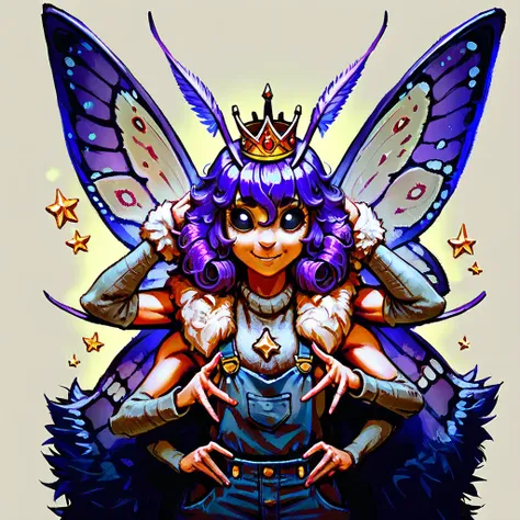 score_9, score_8_up, score_9, score_8_up, headshot portrait, mothgirl, moth antennae, four arms, fur trim, gold crown, oversized sweater, grey cardigan, overalls, white star pattern, short curly hair, purple hair, big wide black eyes, smiling, looking at v...