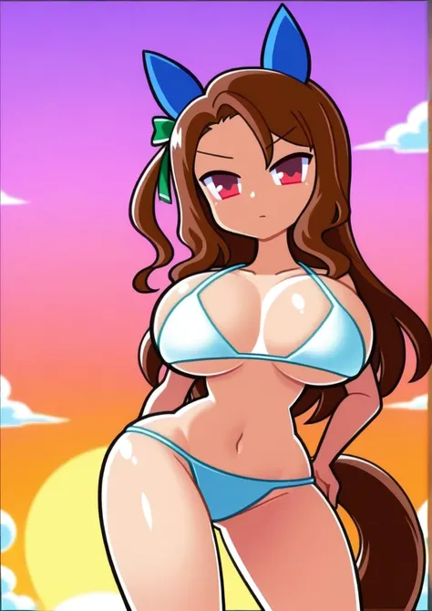 1girl, (king halo(umamusume):0.7), huge breasts, animal ears, bikini, bow, breasts, brown hair, cloud, contrapposto, cowboy shot, ear covers, gradient sky, hair bow, hand on own hip, horse ears, horse girl, horse tail, long hair, looking at viewer, red eye...