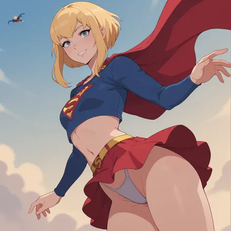 1girl, solo, looking at viewer, <lora:KaraZor-El_Illustrious:0.9> KaraZor-El, blonde hair, short hair, sidelocks, blue eyes, small breasts, supergirl, red cape, blue crop top, red skirt, miniskirt, flying, white thong, upskirt,