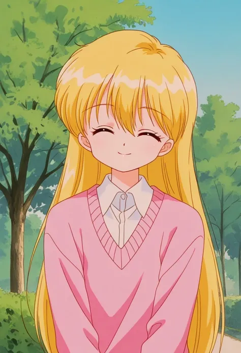 masterpiece, best quality, retro artstyle, 1990s (style)
miyukozuki, 1girl, solo, closed eyes, blonde hair, long hair, bangs, hair between eyes, shirt, white shirt, collared shirt, sweater, pink sweater, long sleevesupper body, smile, 
outdoor, sky, tree,