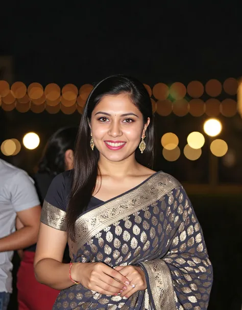 close_up photo of a well dressed desi_medium woman, wearing light-Charcoal colored Banarasi Silk Saree, happy,cat eyes black eyeliner,solo focus, city light in background bokeh <lora:Desi_Coffee_Flux_Kohya_LoHa_v2:0.8>âââ