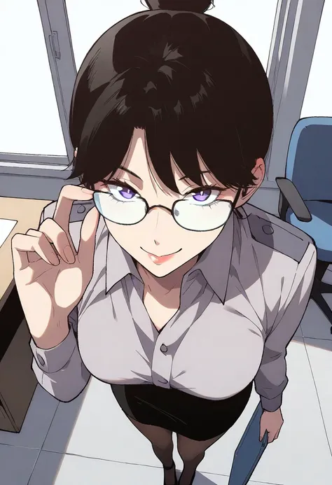 sh3nj14nm1shu,black hair,single hairbun,tied hair,purple eyes,long sleeves shirt,pencil skirt,pantyhose,heels,glasses
BREAK
close-up,perspective,face focus,looking at viewer,from above,cowboy shot
BREAK
mature,seductive smile
BREAK
adjusting glasses,standing ,holding book,standing,hand up
BREAK
window,office,desk,chair
BREAK
masterpiece,amazing quality,absurdres,newest,very aesthetic,detailed pupils