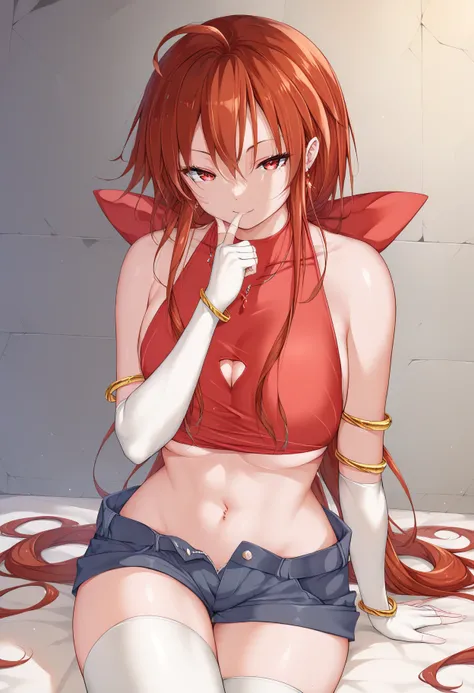 score_9, score_8_up, score_7_up, score_6_up, score_5_up, score_4_up, masterpiece, 1girl, c-rio, long hair, red hair, red eyes, ahoge, hair bow, low ponytail, red crop top, denim shorts, gold armlet, gold bracelet, white elbow gloves, cleavage cutout, neckl...