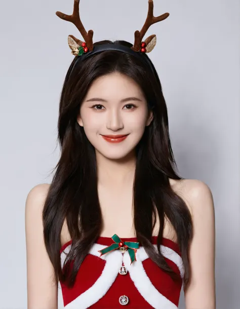 score_8_up,ZHAOLS, Upper body shot,front view, this image features a woman standing in studio,She has long dark hair, accentuating her face,looking at viewer,She is wearing a strapless, Christmas themed dress,mini fake antlers accessories,Exudes elegance a...