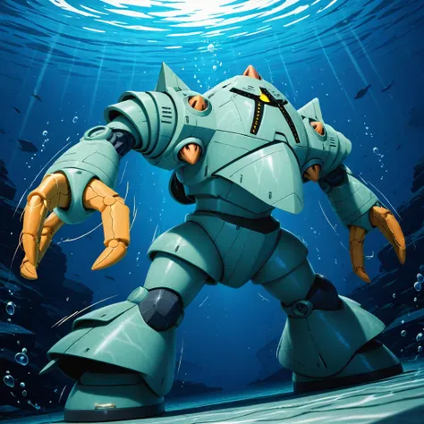 masterpiece, best quality, amazing quality, very aesthetic, absurdres, newest, scenery,
no human, 1mecha, solo, MSM-10-ZOCK, one_yellow_mono-eye,
dynamic action pose,
(motion line, sense of speed, Battle Effects:1.2),
Underwater, undersea, cinematic lighti...