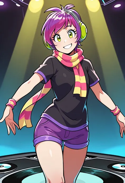 masterpiece, high res, 1girl, solo, dj_cadence, smile, party, neon, looking at viewer, smile, shirt, dynamic, shorts, volumetric lighting, (dancing:0.5), scarf