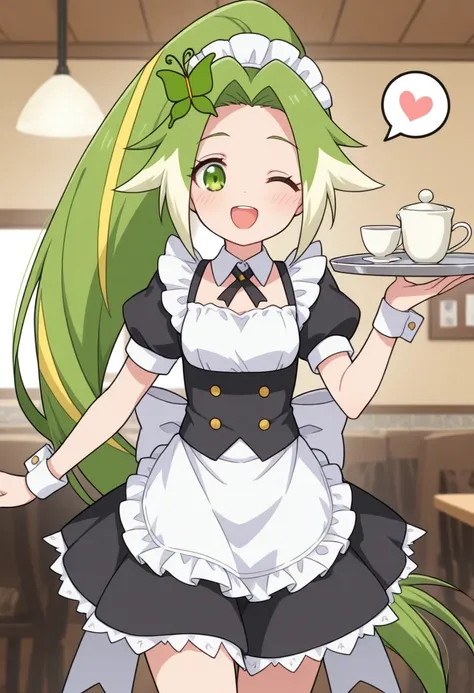 best quality, masterpiece, peridothuman, 1girl, solo, one eye closed, long hair, ponytail, green eyes, butterfly hair ornament, multicolored hair, cafe, tray, maid outfit, maid headdress, spoken heart,