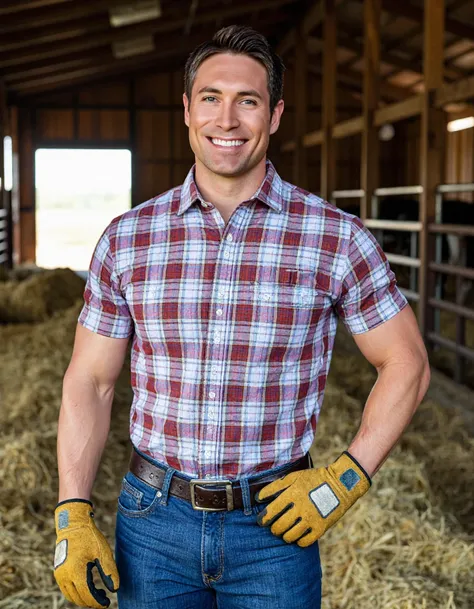 whitjohnson a man standing on a ranch. he is handsome. he is muscular. he is wearing a plaid button up with the sleeves rolled up. he is wearing blue jeans. he is wearing work gloves. he is looking at you. he is smiling. he is in the barn. the floor is ful...