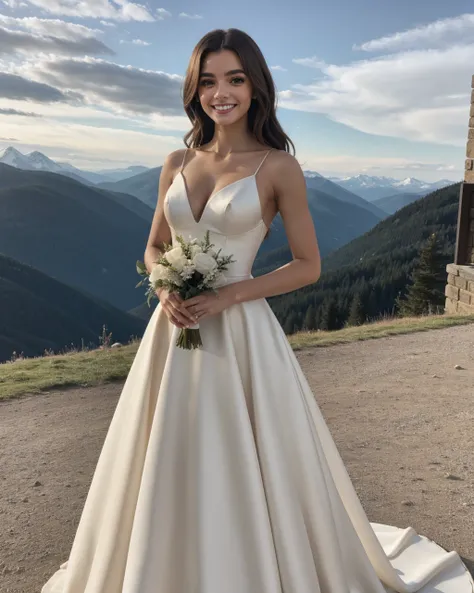 woman, jessicaGNRC, modern balance, smiling, a prom dress, alpine mountain