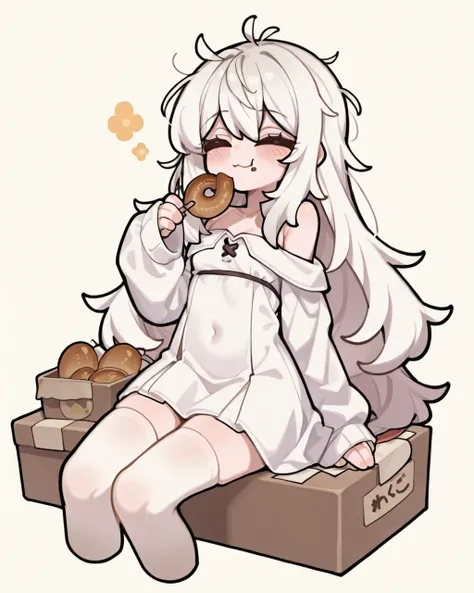 absurdres,newest,kotobakunn01f1,no.6,1girl,long hair,solo,messy hair,closed eyes,sitting,thighhighs,small breasts,box,very long hair,food,hair between eyes,simple background,eating,smile,bare shoulders,white background,sleeves past wrists,dress,cropped leg...