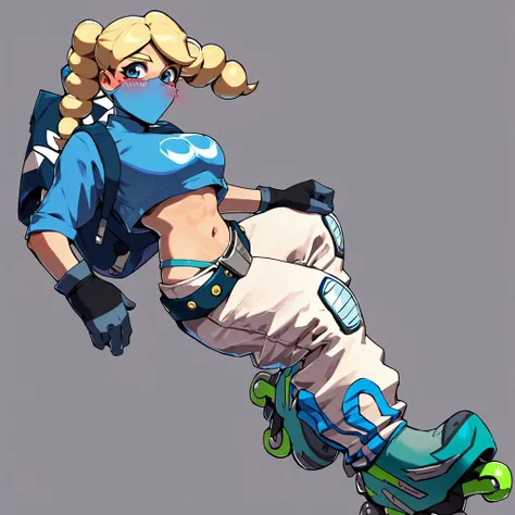 score_9,score_8_up,score_7_up, solo, blue shirt, thong, mouth mask, belt, roller skates, inline skates, pants, gloves, black gloves, navel, blush, Blonde hair, Blue eyes,