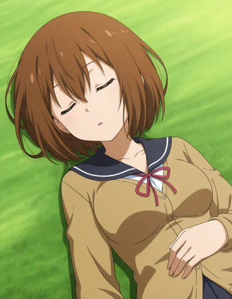 1girl, solo, takamiya nasuno, brown hair, short hair, hair between eyes, sleeping, closed eyes, happy, medium breasts, school uniform, brown cardigan, long sleeves, sailor collar, neck ribbon, pleated skirt, lying on back, grassfield, from above, anime col...