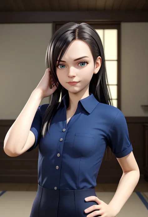 Masterpiece, high-res, 2k, best quality, 1girl,3d iashilage, long hair, black hair, looking at viewer <lora:Ionela Pony-000035:1>One hand on the hip the other hand raised to the head, small breasts, blue collared shirt