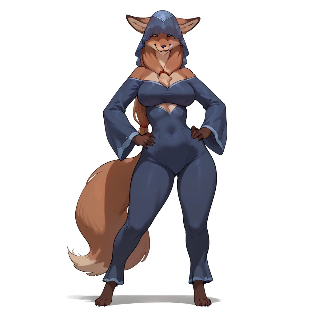 score_9, score_8_up, score_8, score_7, source_cartoon, source_furry, MFantomet_D, solo, anthro, female furry, 1girl, red fox, orange and tan fur, black nose, long hair, fluffy tail, large breasts, multibreasts, curvy figure, digigrade feet, blue veil, blue...