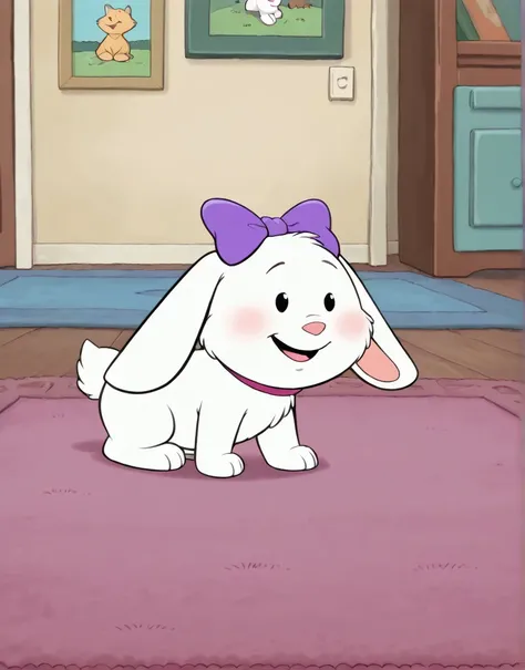 <lora:Clifford_style_illustrious-16:1>
cartoon, 1animal, fluffy white rabbit with a purple bow,
living room, carpet,
masterpiece, best quality,