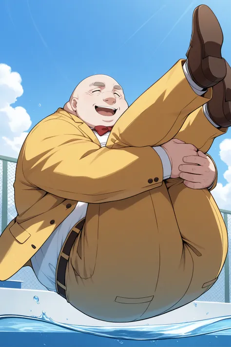 masterpiece, best quality, 1boy, solo, male focus,  1boy, solo, male focus, <lora:p5principal-illu-nvwls-v1-000006:1> p5principal, obese, fat man, bald, , thick eyebrows, yellow jacket, formal, white shirt, red bow tie, belt, yellow pants, brown shoes, loo...