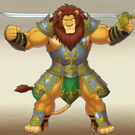 1boy, bara, muscular, male focus, furry, anthro, lion, warriors clothes,armor,fantasy,Two-handed sword,full body,dynamic pose,simple white background,looking at viewer,frown,angry, masterpiece,best quality,amazing quality,