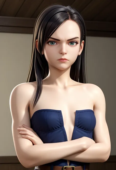 Masterpiece, high-res, 2k, best quality, 1girl,3d iashilage, long hair, black hair, looking at viewer <lora:Ionela Pony-000035:1>Arms crossed over the chest looking serious, small breasts