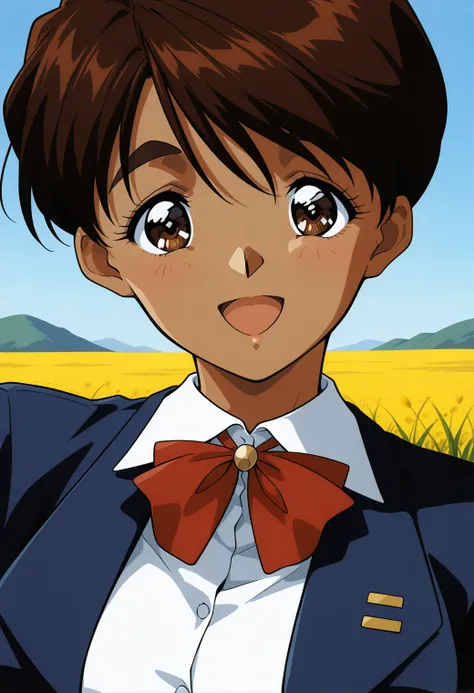 sr5_mizuki, retro artstyle, dark skin, dark-skinned female, thick eyebrows, brown eyes, brown hair, short hair, school uniform, red bowtie, blazer, long sleeves, blue jacket, open jacket, white shirt, collared shirt, <lora:SR5_mizuki_illustrious_ver1:0.8> ...
