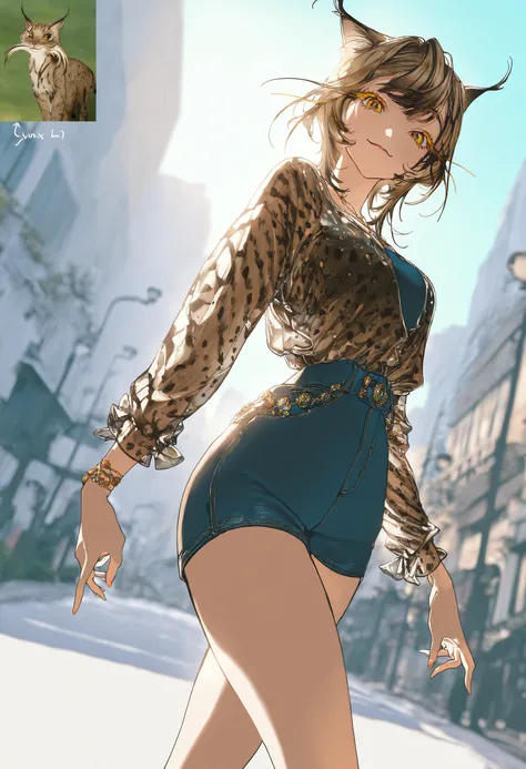 reference inset, reference (lynx),
by [diyokama|say hana|yoneyama mai|lam],
1girl, personification, creature and personification, dynamic pose, dutch angle,
cowboy shot, facing viewer, looking at viewer, smile, long eyelashes, colored eyelashes,
outdoors, ...