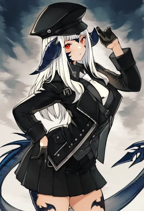 1girl, au ra, gloves, solo, horns, red eyes, hat, black gloves, tail, avatar (ff14), skirt, necktie, black headwear, jacket, black jacket, black skirt, looking at viewer, white hair, long sleeves, cowboy shot, white necktie, dragon tail, dragon horns, scal...