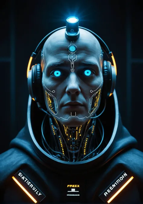 A hyper-realistic, unsettling close-up portrait fusing two enigmatic figures into a single, otherworldly being. The spectral, all-knowing cyborg emerges with a smooth, glowing surface of advanced technology, its face featureless yet alive with intricate di...