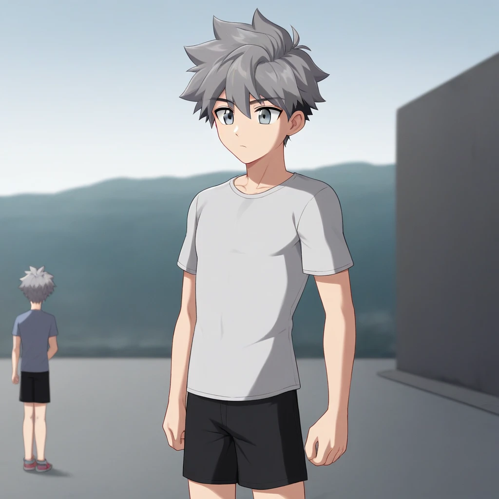 1boy, drak grey hair, solo focus, outdoor, dark grey hair, solo, clear sky, black shorts, sunny day, blue t-shirt, short hair, spiky hair, grey eyes