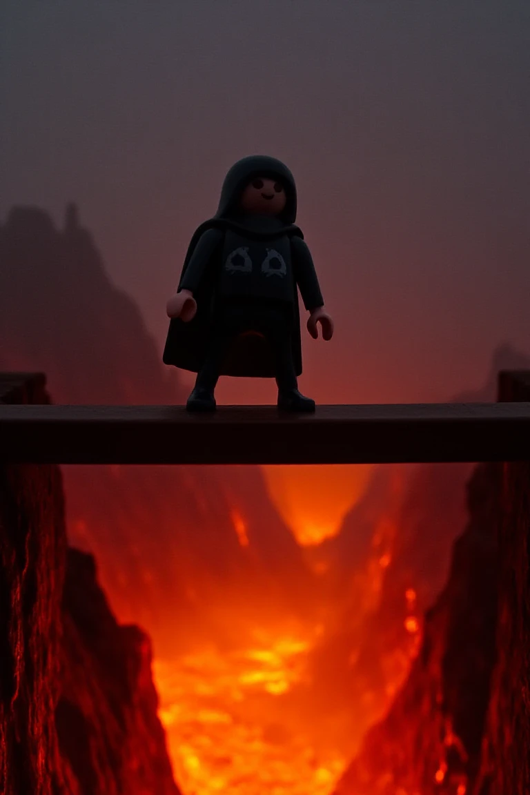 playmobil. A shadowy figure in a cloak, traversing a bridge over a lava-filled chasm.
