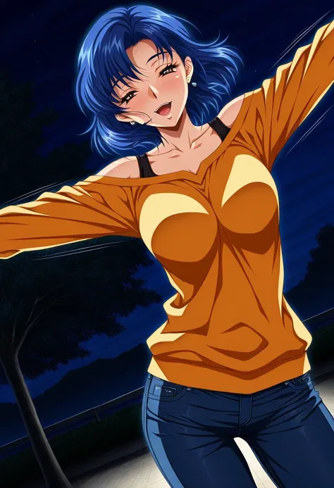 masterpiece, best quality, newest, highres, uncensored, 1girl, yokota mamoru style,motion lines,Very straight nose，slim,slender face,perfect nose,torogao,looking at the viewer,seductive smile
Misuzu Yuuka,Blue Hair, Hair Parted to Side, Shoulder-length Hai...