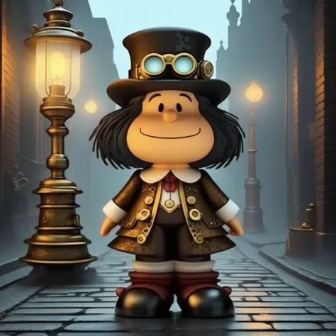 concept art  <lora:Mafalda-sdxl:1> mafaldina, Mafalda, dressed in a steampunk outfit with a corset, top hat with goggles, and intricate gears, standing in a foggy Victorian alley, gas lamps casting a warm glow, steam rising from grates, muted colors with g...