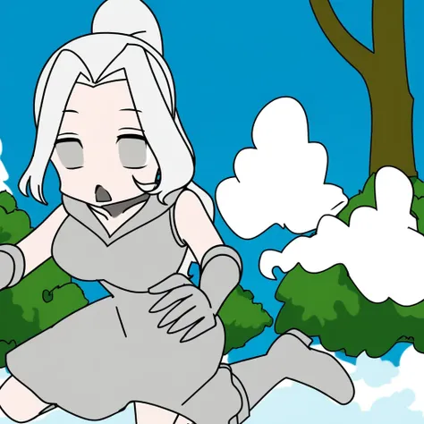 breasts, closed mouth, tree, ponytail, blue background, empty eyes, sky, sleeveless dress, boots, long hair, sailor moon redraw challenge (meme), cloud, grey gloves, no nose, style parody, open mouth