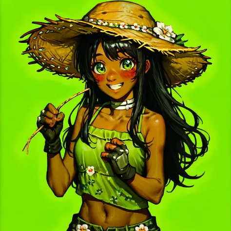 Score_9, score_8_up, 1girl, solo, hyur, upper body, dark-skinned female, green halter top, navel, straw hat, green eyes, blush, black hair, long hair, straight hair, happy, floral hat pin, fingerless gloves, white choker, simple background, green backgroun...