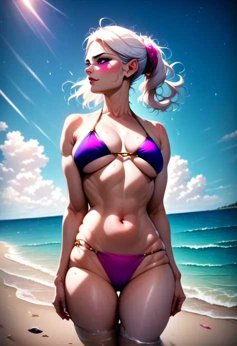 (embedding:zPDXL3) score_9 score_8_up score_7_up score_6_up score_5_up score_4_up s0m3comic style hyperrealistic art realistic, 1girl, white hair, purple eyes, bikini, beach, light particles, light rays, wallpaper . extremely high-resolution details, photo...