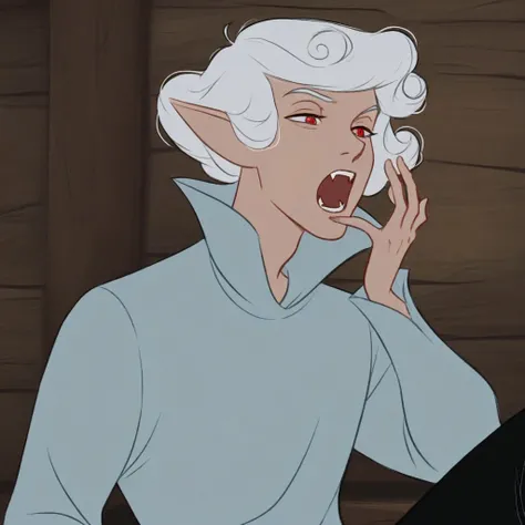 source_disney, DisneySilverAge, flat colors,
1man, solo, male focus,
Astarion, white hair, curly hair, elf ears, fangs, red eyes, pupils,
white shirt, high collar, black pants,
bored, yawning,
medieval town,
masterpiece, best quality,