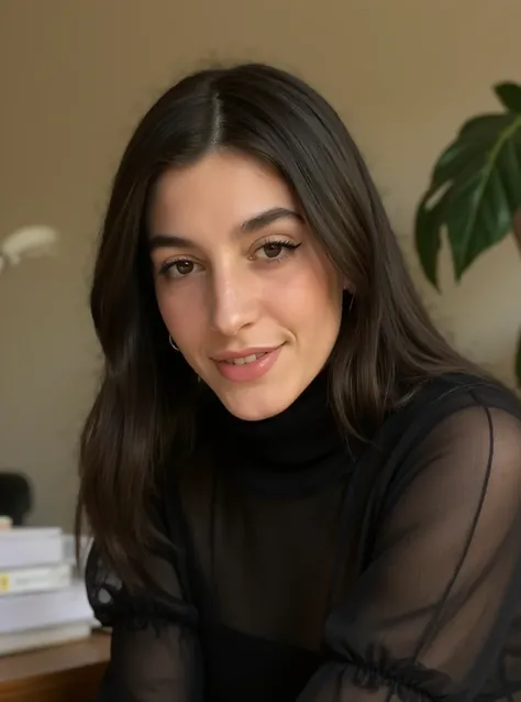 portrait of j5m1n3 woman, on a office, serene and warm, natural lighting, soft focus, high-resolution, elegant and introspective atmosphere, quiet sophistication, wearing a turtleneck yarn blouse, slight smile