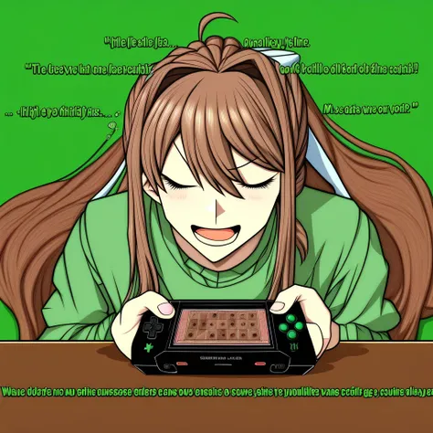 handheld game console, one eye closed, table, on back, english text, parted lips, traditional media, green background, chocolate, long hair