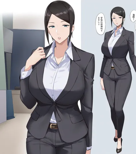 masterpiece,aunt kana,1girl,breasts,pants,solo,formal,suit,shirt,belt,looking at viewer,collared shirt,mature female,high heels,office lady,<lora:Aunt_Kana:1>,aunt kana,