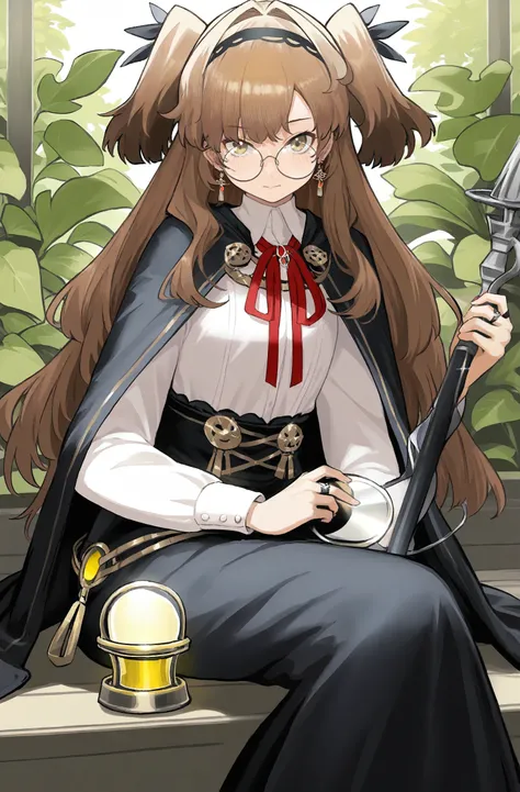 masterpiece, best quality, NOKO, 1girl, jewelry, glasses, solo, holding, long hair, white shirt, sitting, looking at viewer, ring, shirt, brown hair, long sleeves, black cape, round eyewear, two side up, hairband, neck ribbon, ribbon, red ribbon